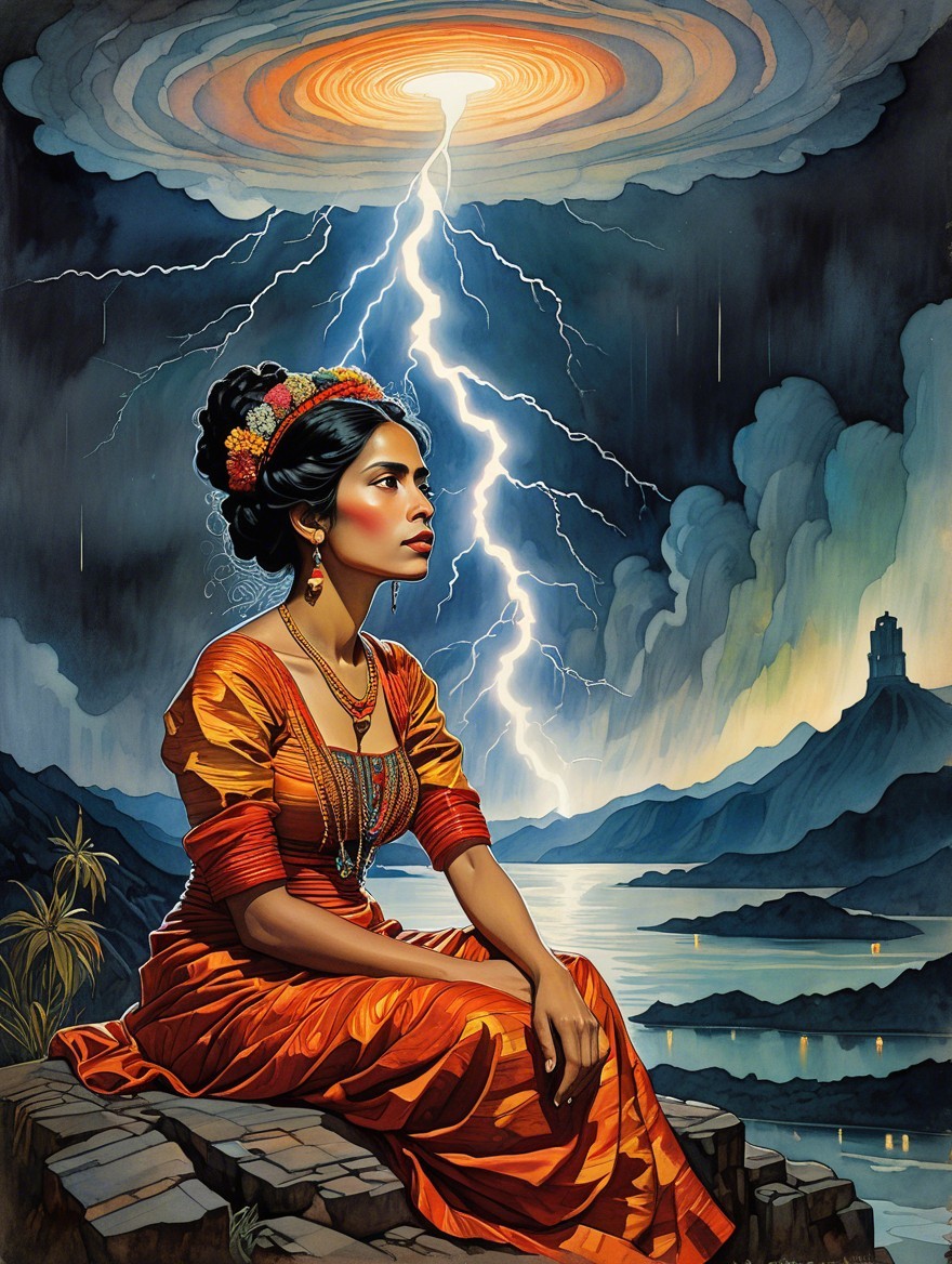 Woman in Orange Dress on Rocky Ledge with Stormy Sky