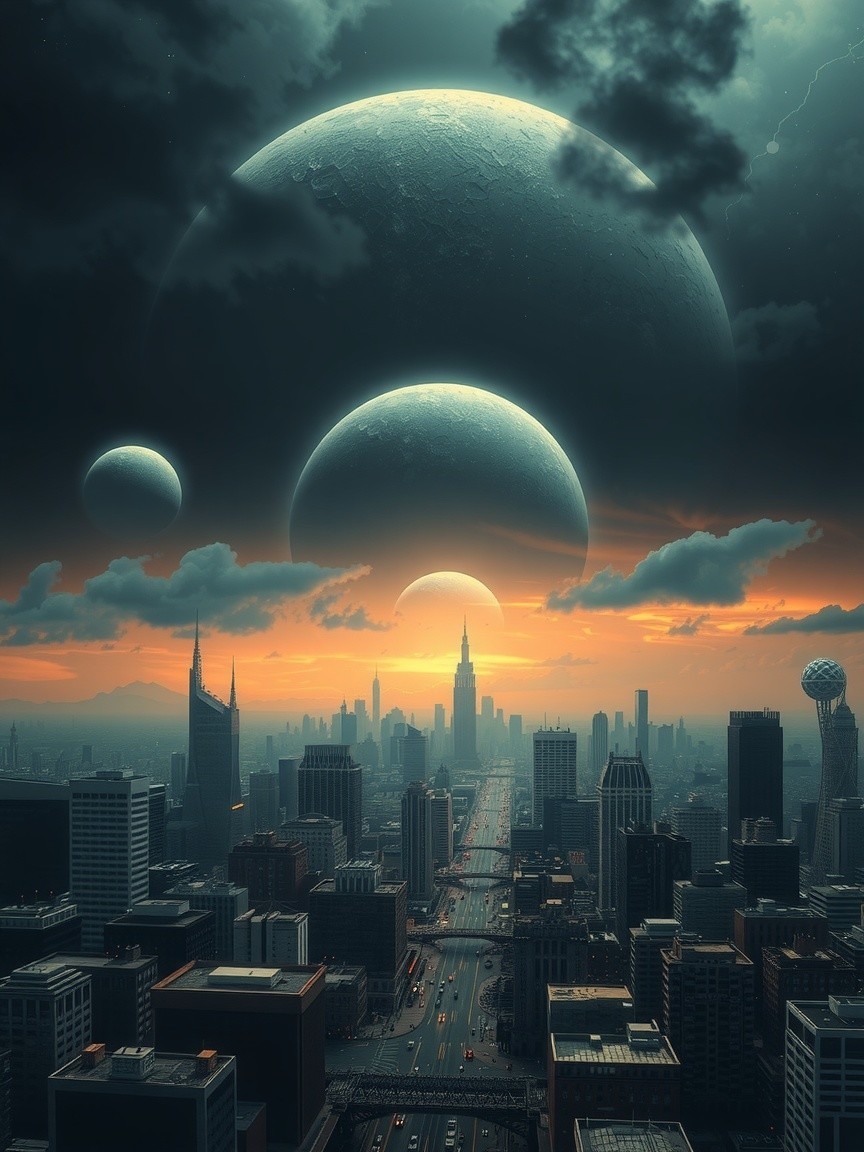 Futuristic Cityscape with Dramatic Sunset and Moons