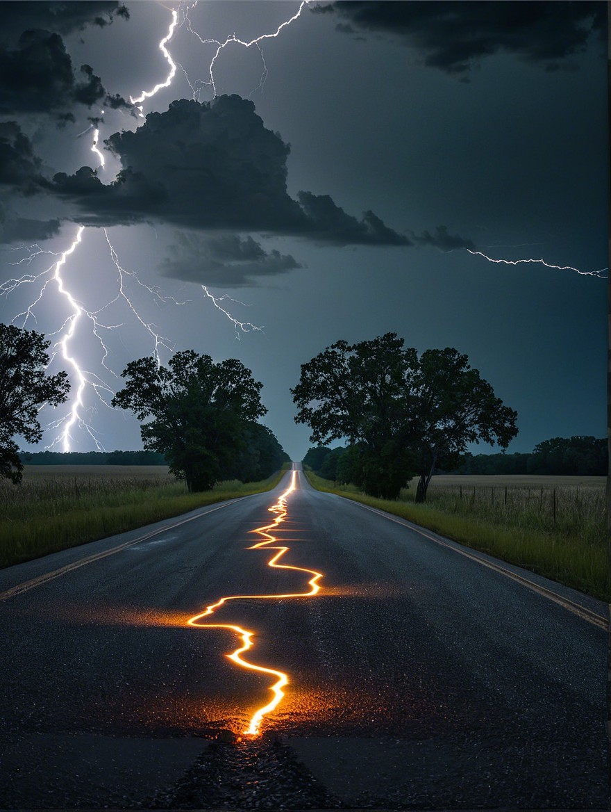 Dramatic Storm Scene on an Empty Road with Lightning