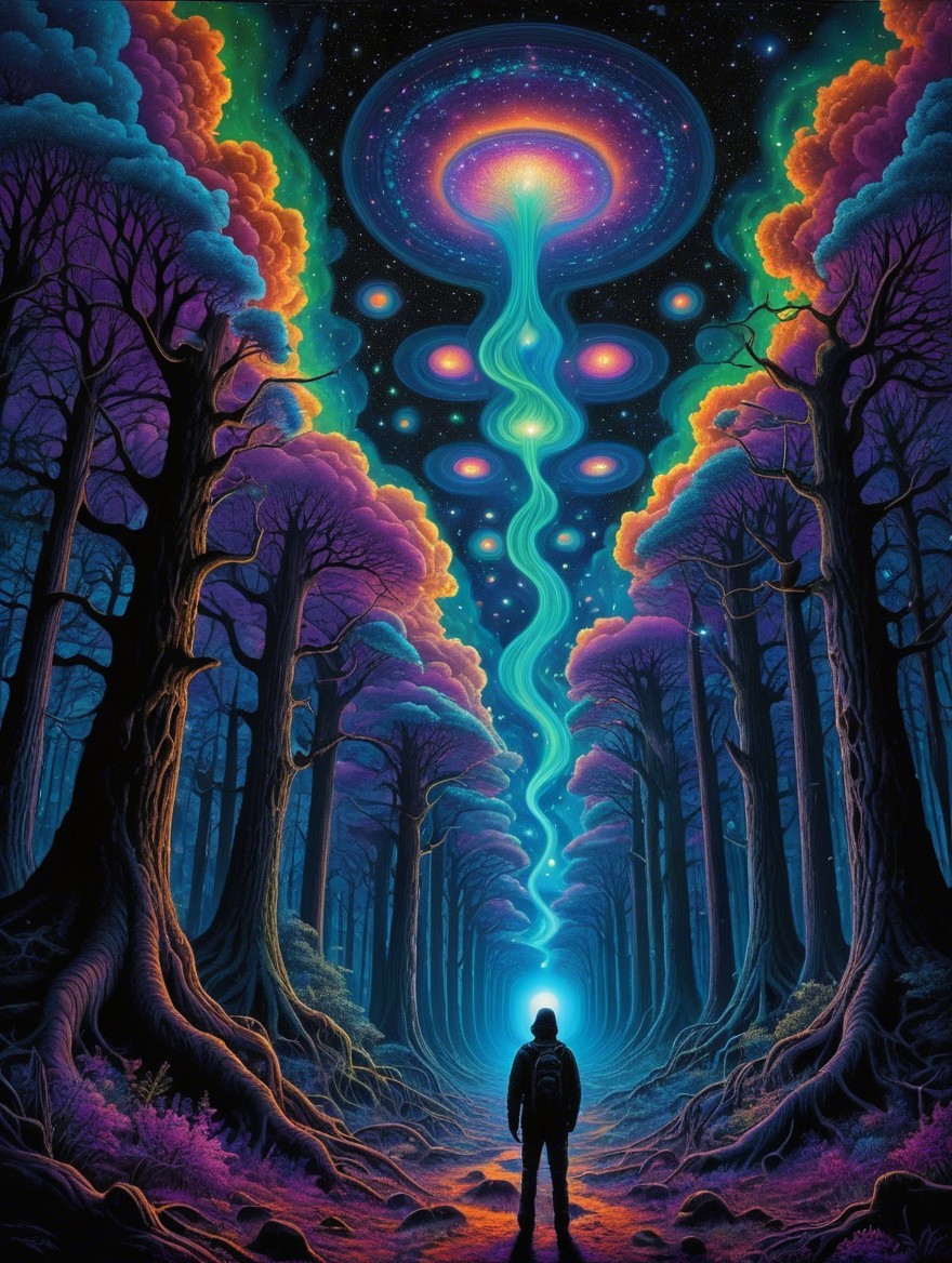 Vibrant Forest Scene with Cosmic Backdrop and Light Beam