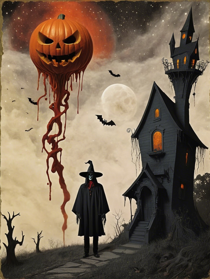 Mysterious figure by crooked mansion with eerie jack-o'-lantern