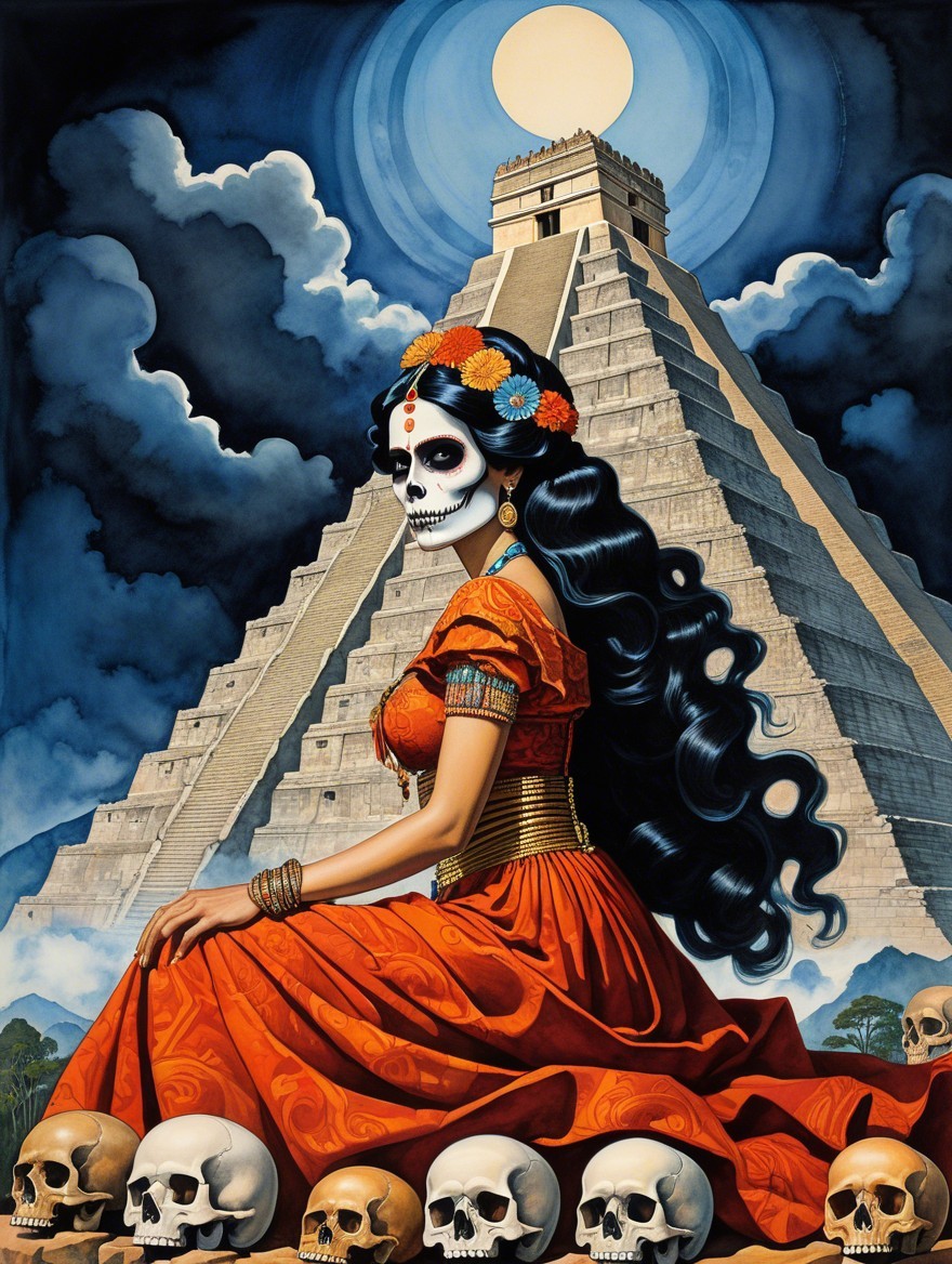 Woman in Red Dress with Skull Face by Pyramid at Night