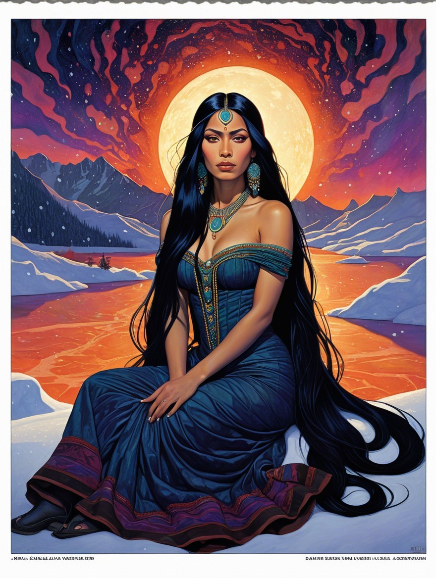 Mystical Woman by Serene Lake Under Full Moonlight