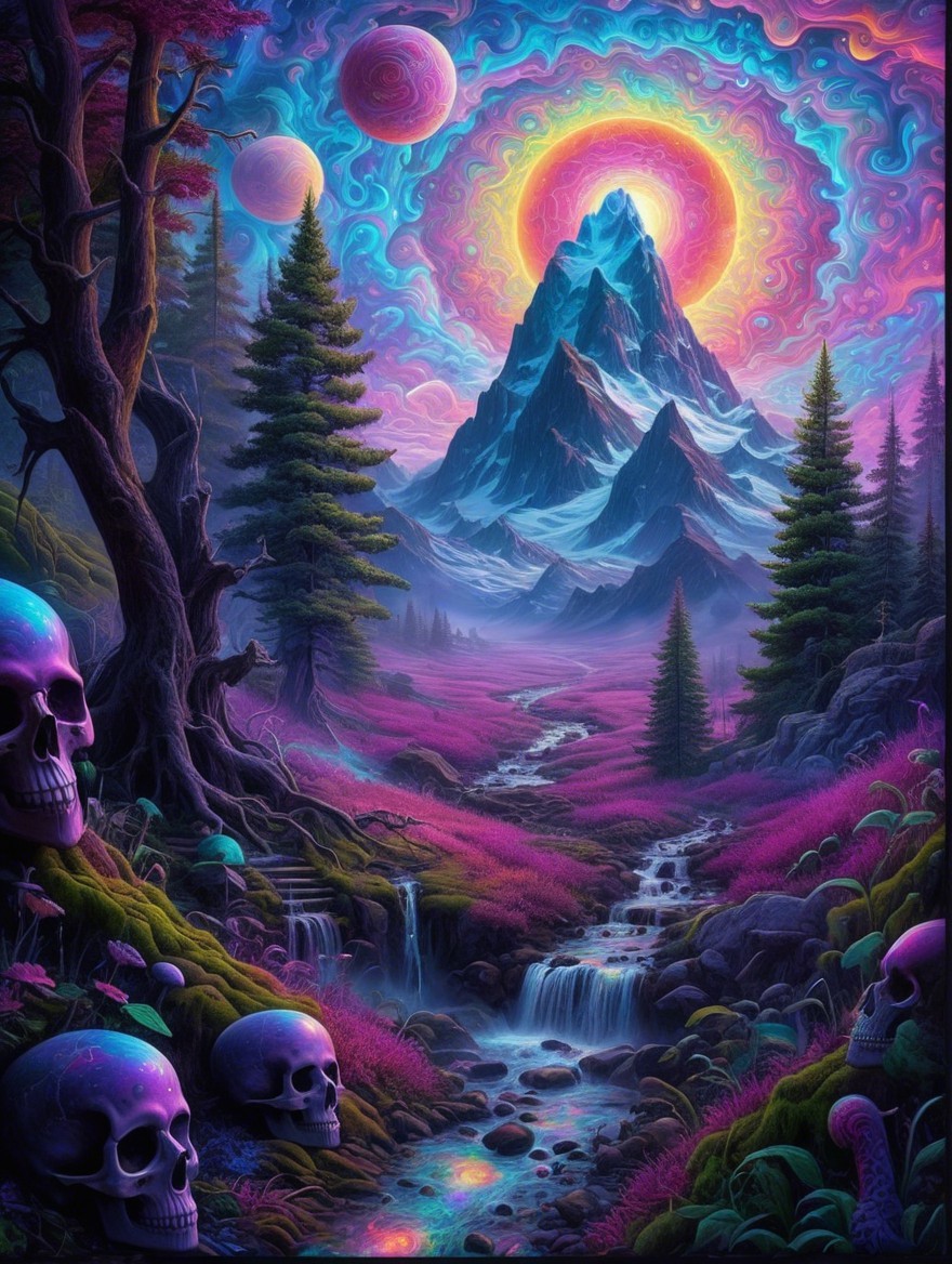 Surreal Landscape with Mountains and Colorful Flora
