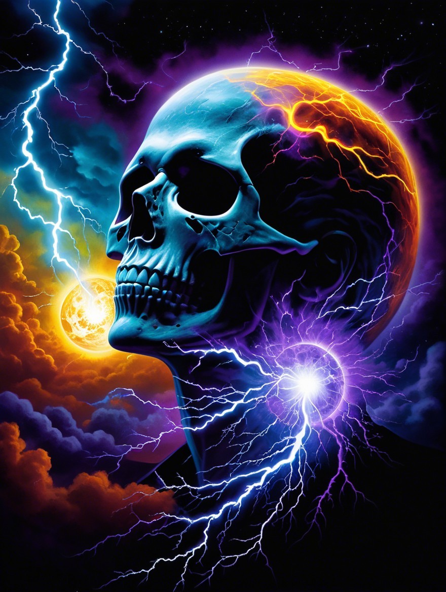 Vivid Skull Against Cosmic Backdrop with Electric Bolts