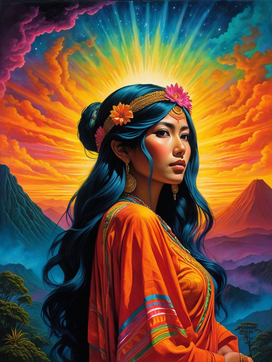 Vibrant Portrait of Young Woman with Blue Hair and Flowers