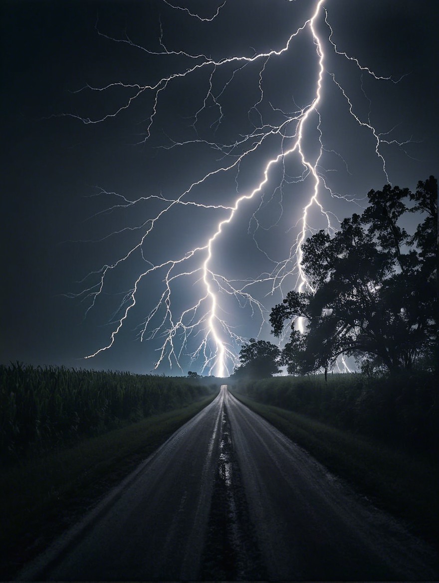 Dramatic Nighttime Storm Over Rural Road and Cornfields