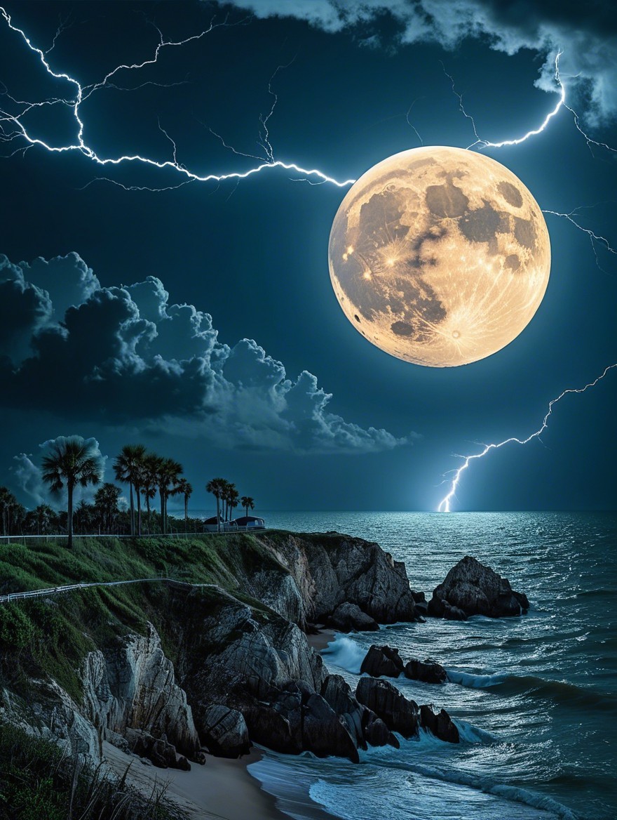 Dramatic Night Scene with Full Moon and Ocean Waves