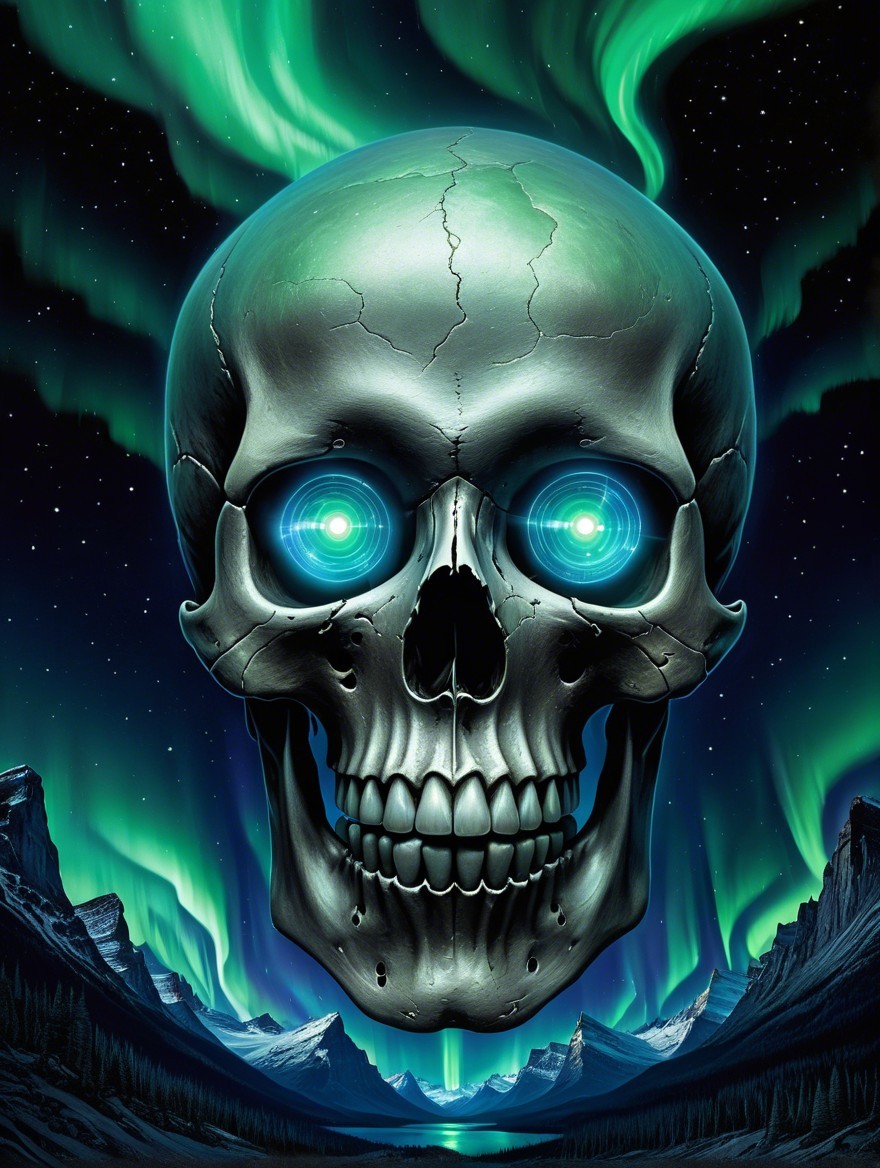 Metallic Skull with Glowing Eyes Under Starry Sky
