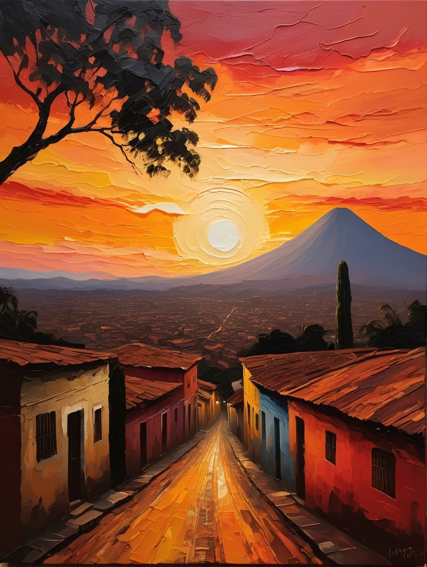 Vibrant sunset over a winding street with houses and volcano