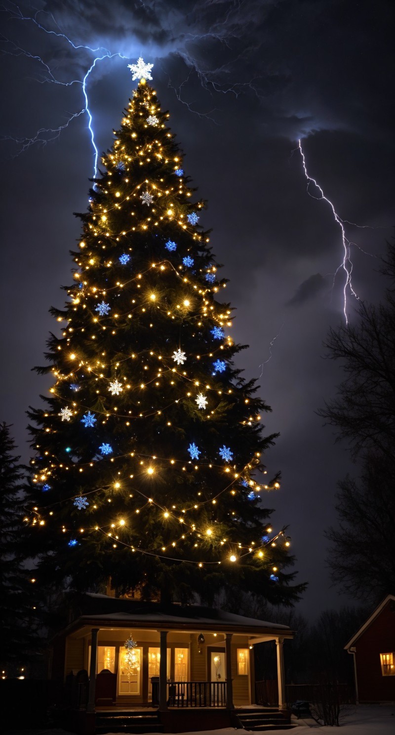 Christmas Tree with Snowflake Ornaments and Lights