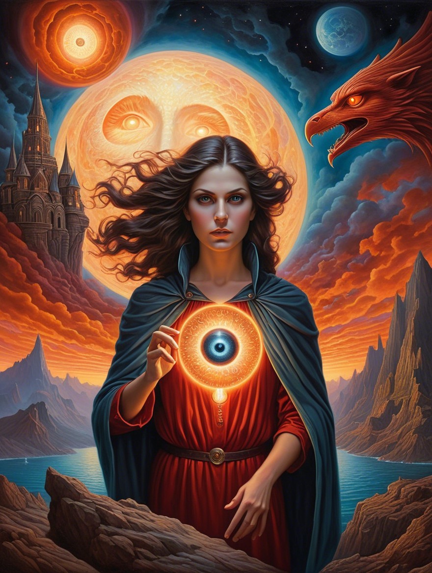 Mystical Scene with Woman in Red Gown and Dragon