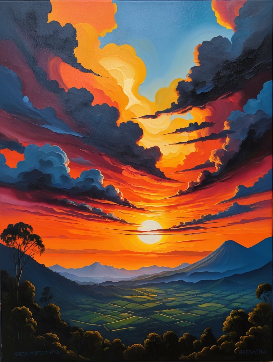 Vibrant Landscape with Sunset and Distant Mountains