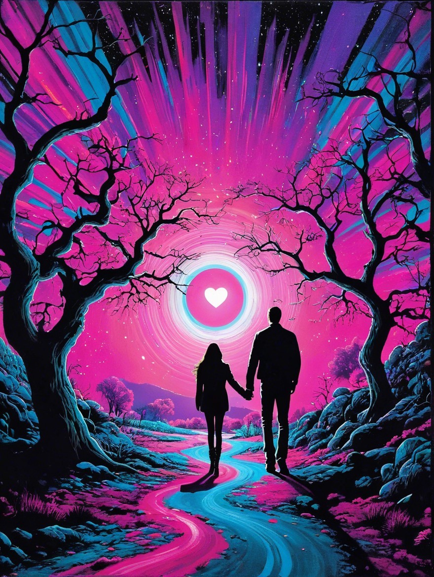 Couple Walking Through Dreamlike Landscape with Heart