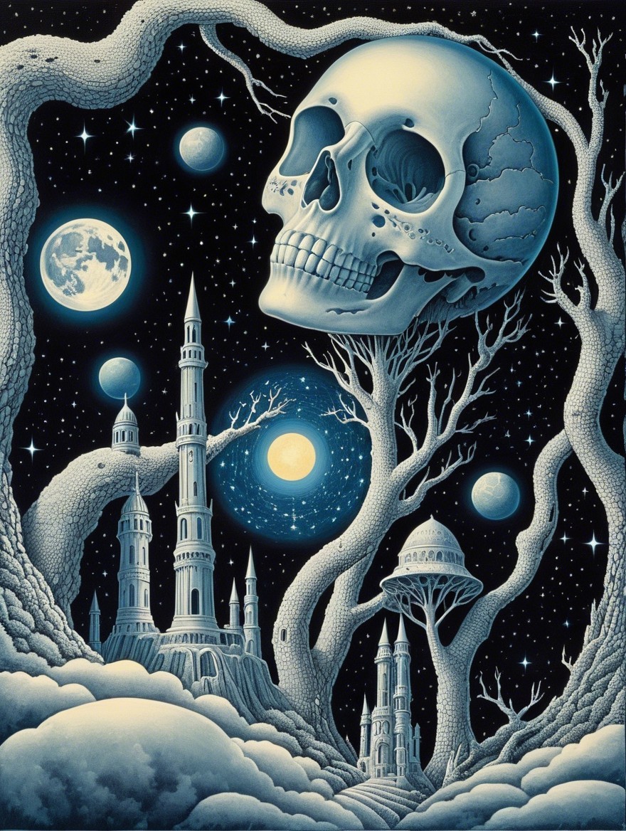 Surreal landscape with giant skull and ethereal towers