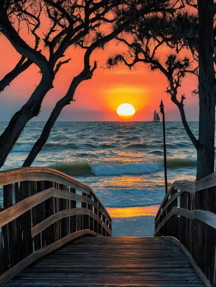 Vibrant Sunset Over Ocean with Silhouetted Trees