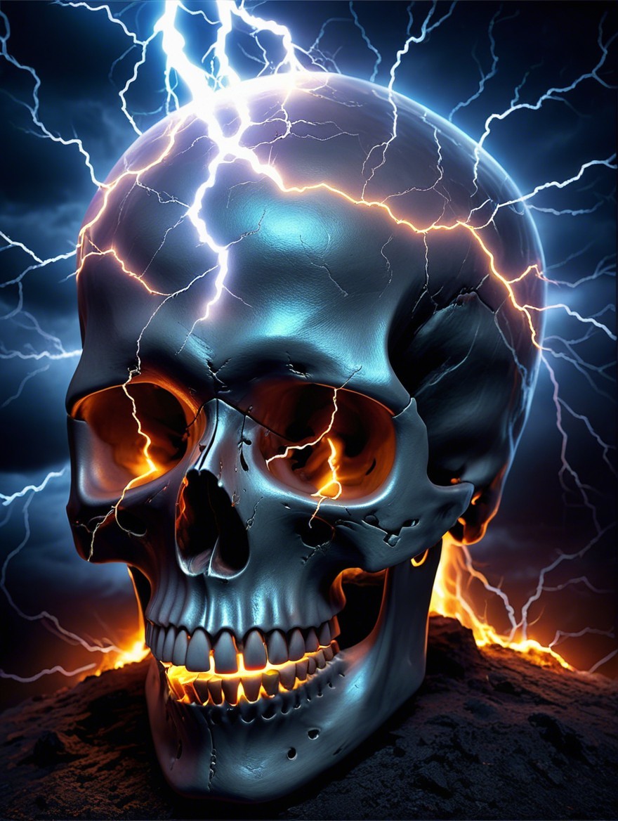 Metallic Skull Surrounded by Lightning and Embers