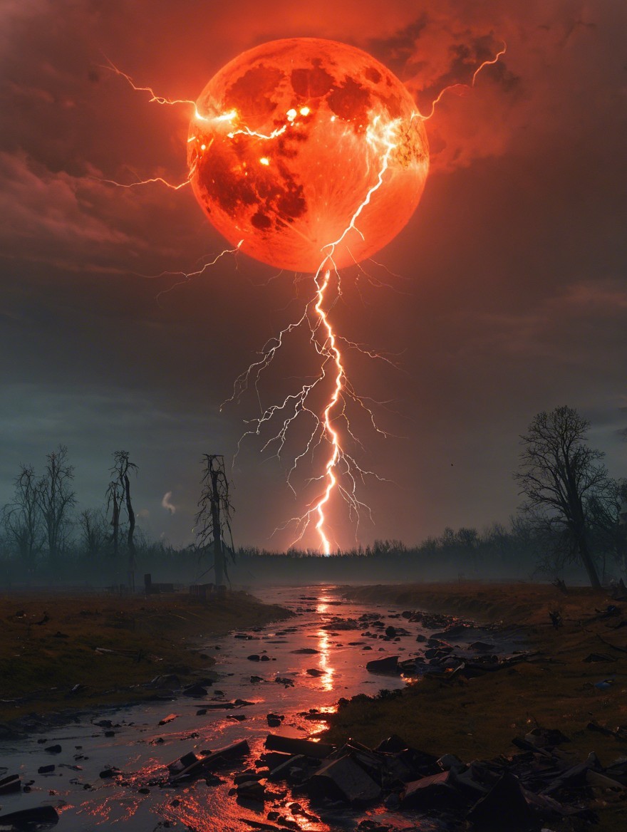 Dramatic Scene Under Red Moon and Stormy Sky