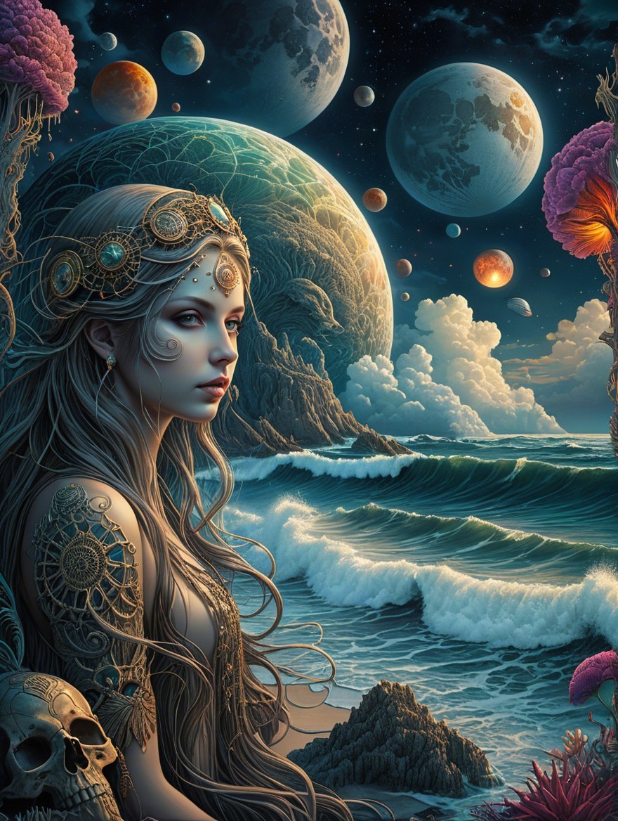 Serene figure with jewelry gazing at cosmic vista