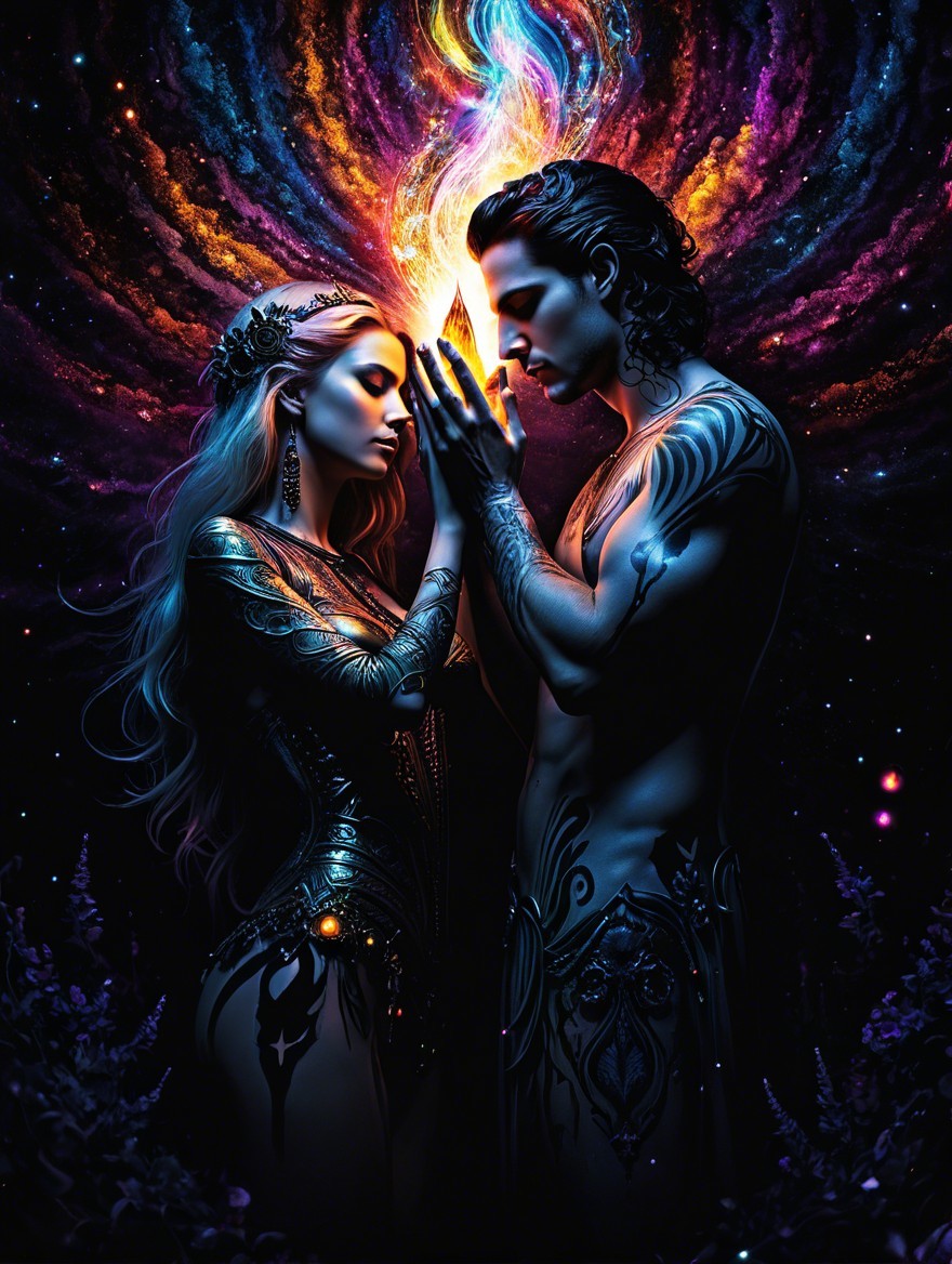 Couple with Tattoos in Cosmic Setting and Vibrant Colors