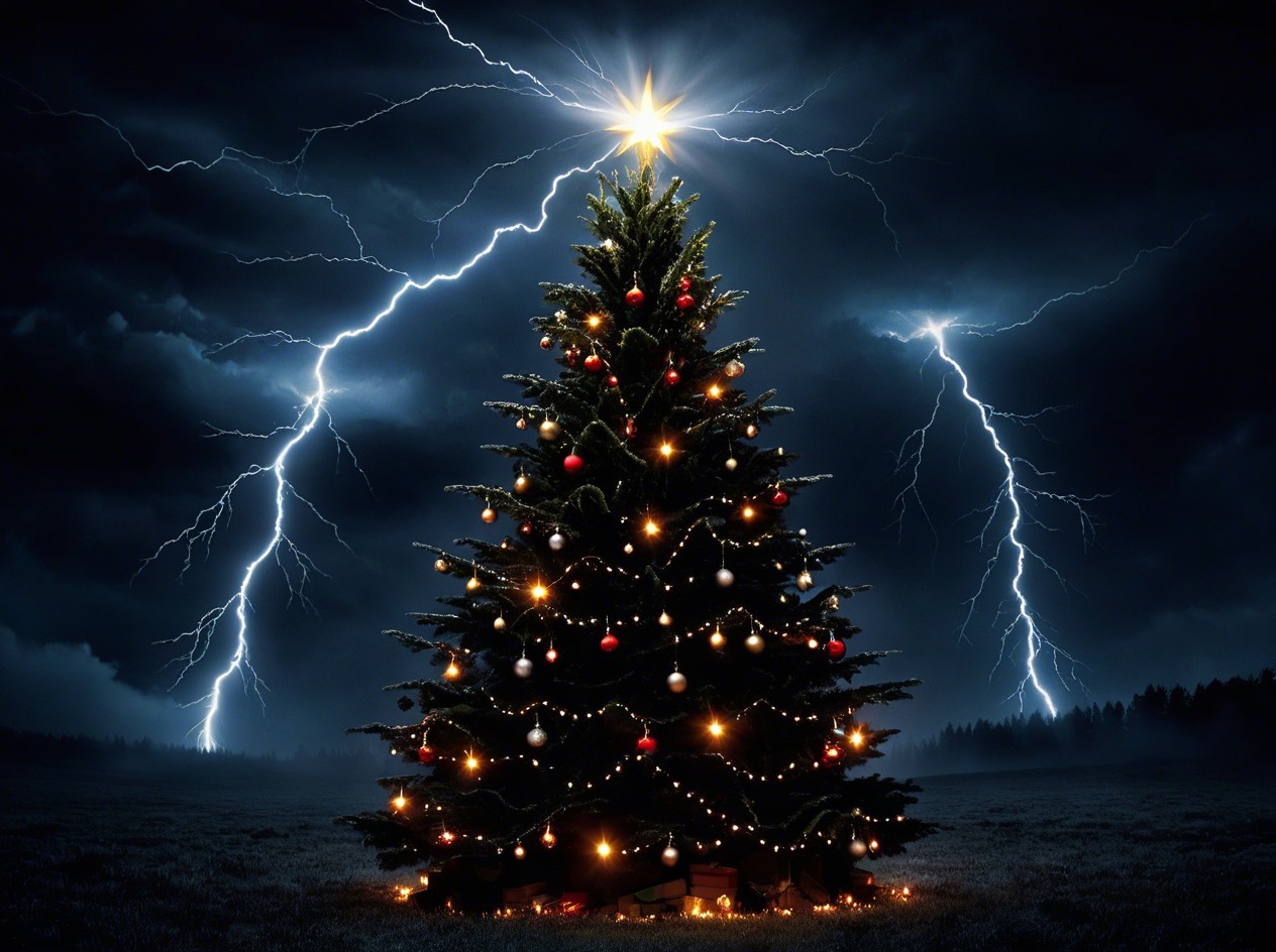 Outdoor Christmas Scene with Tree and Stormy Sky