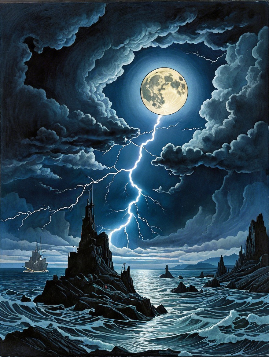 Dramatic Seascape with Full Moon and Stormy Waves