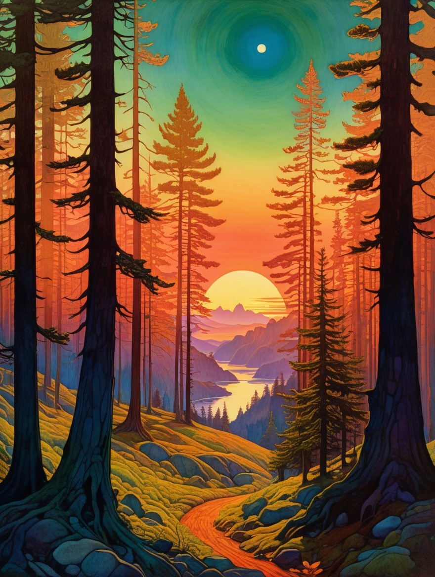 Serene Forest Landscape at Sunset with Vibrant Colors
