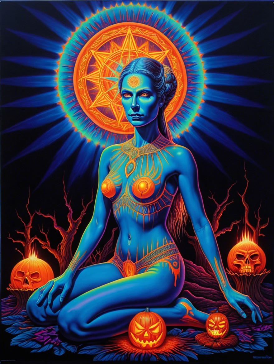 Mystical Figure with Electric Blue Patterns and Sunburst