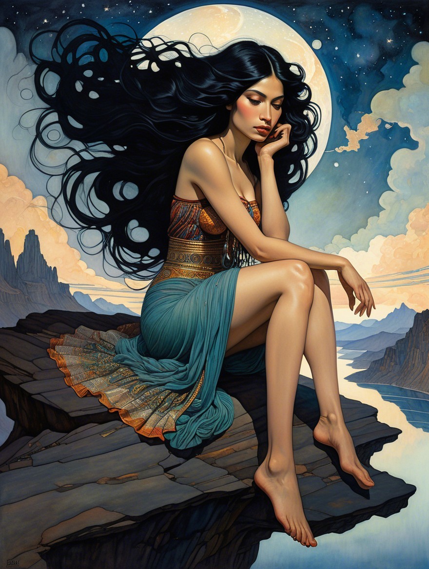 Serene Woman on Rocky Ledge Under Moonlight