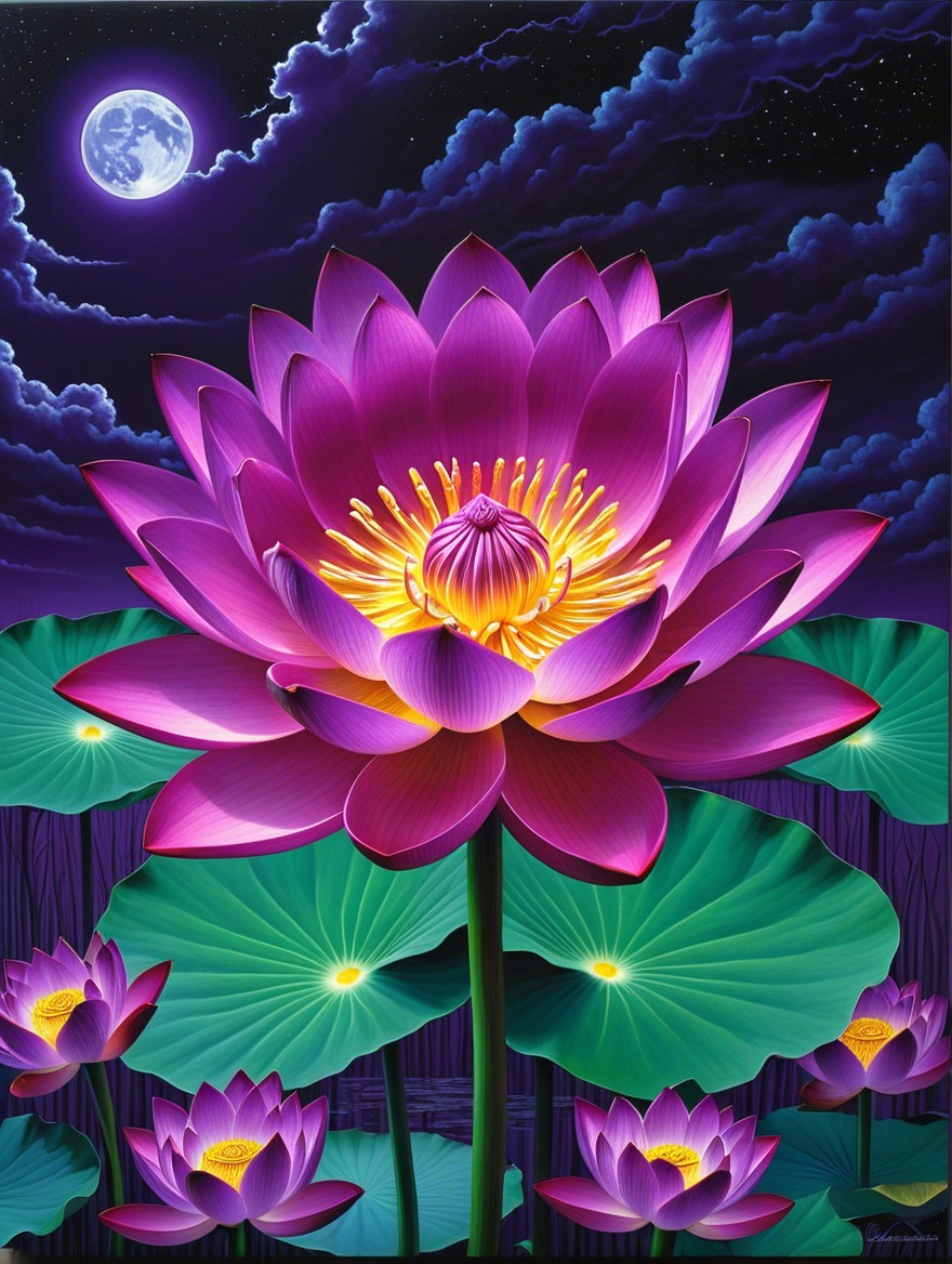 Vibrant Purple Lotus Flower Under Moonlight