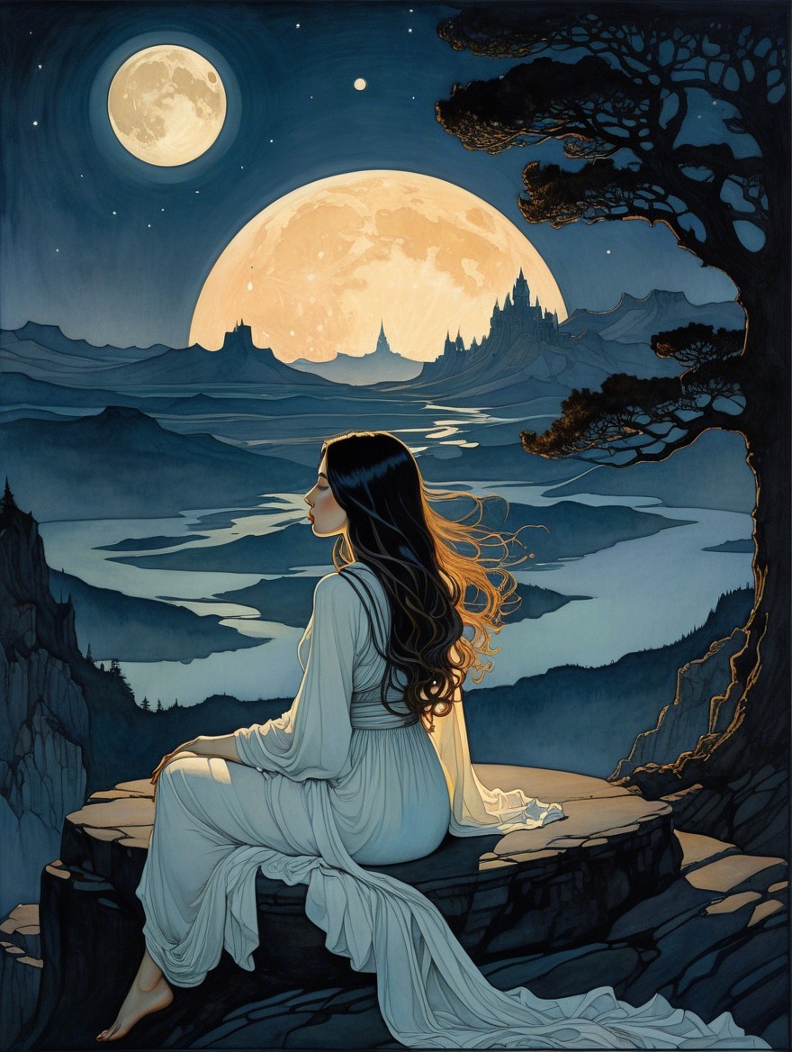 Woman in White Dress by Moonlit River Landscape