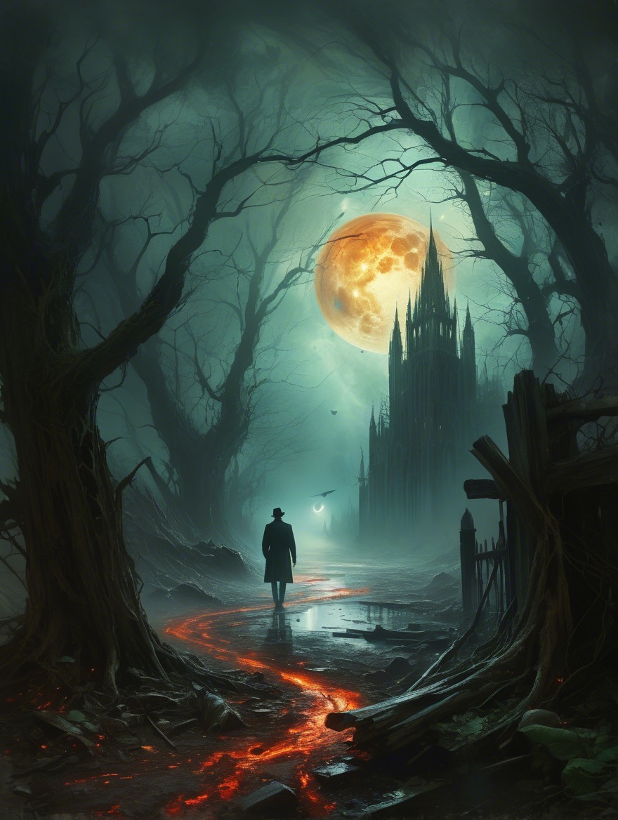 Mysterious Figure on Lava Path in Dark Forest