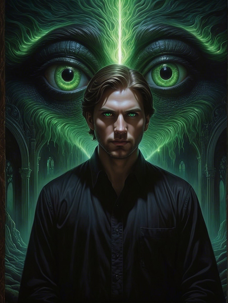 Mysterious Figure with Green Wisps and Ominous Eyes