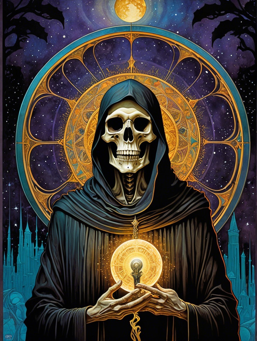 Skeletal Figure in Dark Robes Against Cosmic Background