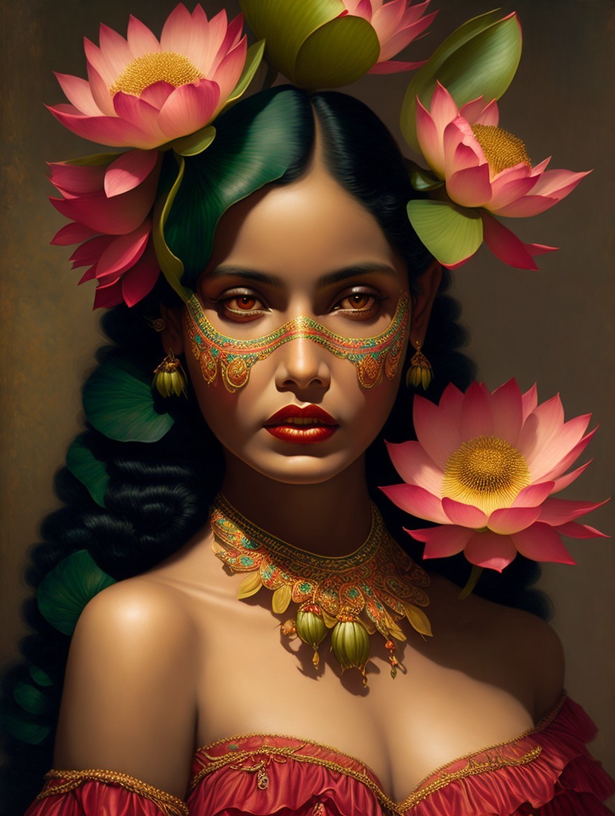 Portrait of a Woman with Lotus Flowers and Jewelry