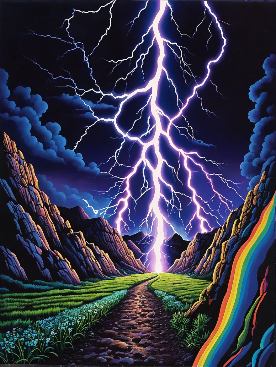 Vibrant Landscape with Night Sky and Lightning Effects