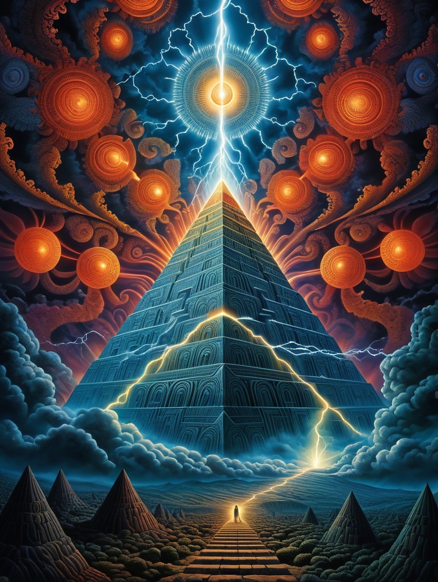 Pyramid Under Dramatic Sky with Lightning and Orbs
