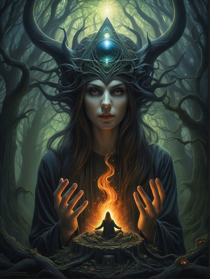 Mystical forest scene with a powerful horned woman