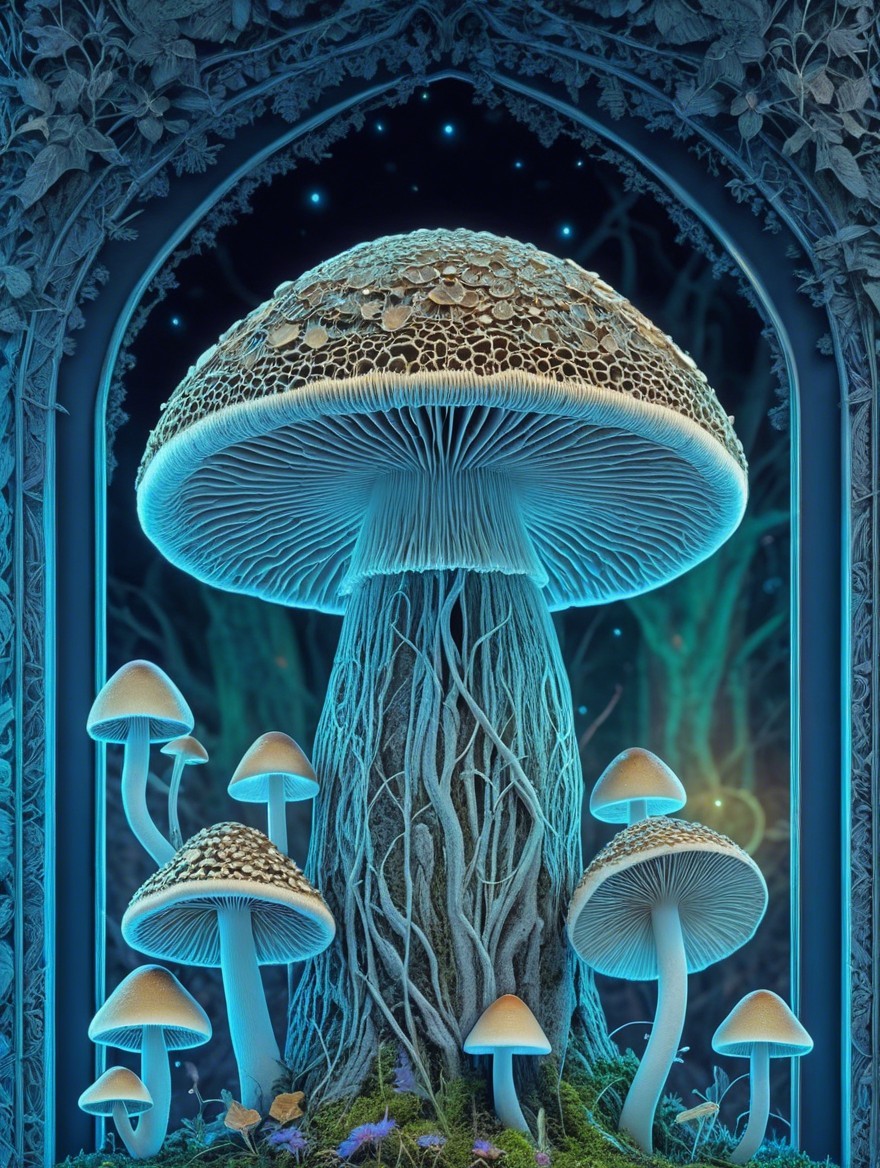 Intricate Mushroom Scene with Mystical Backdrop
