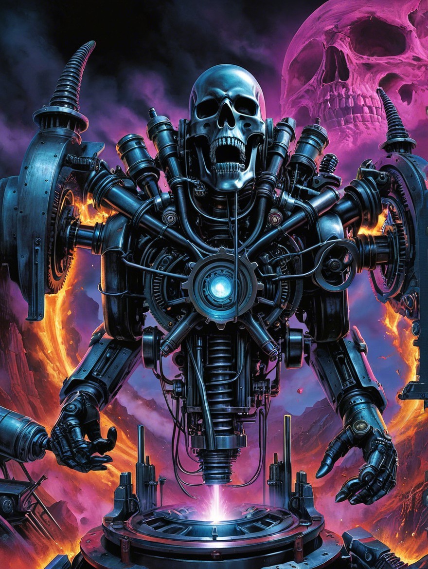 Futuristic Robot with Skull Motifs and Blue Core