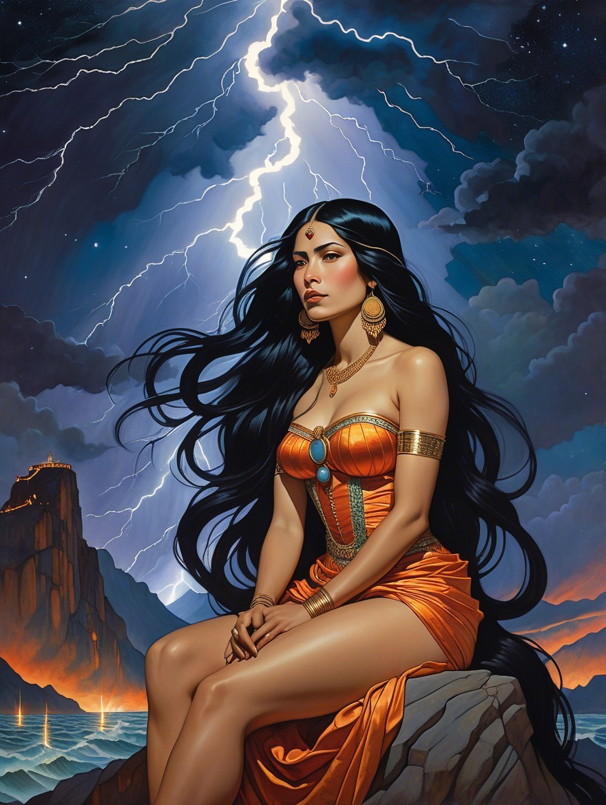 Elegant Woman in Orange Gown Against Dramatic Sky