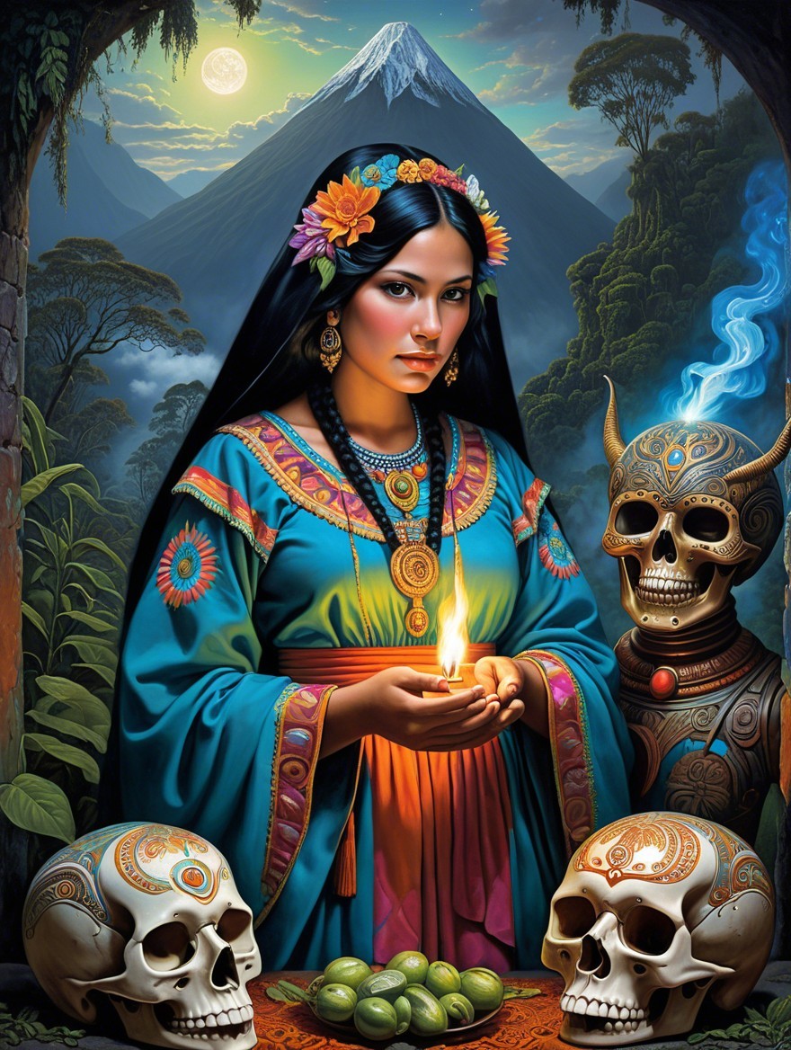 Woman in Traditional Attire with Candle and Skulls