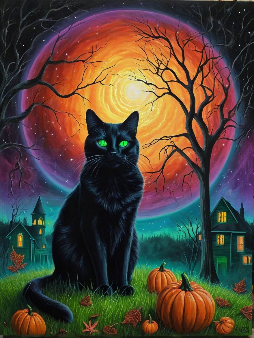 Black Cat and Orange Moon in Spooky Autumn Scene