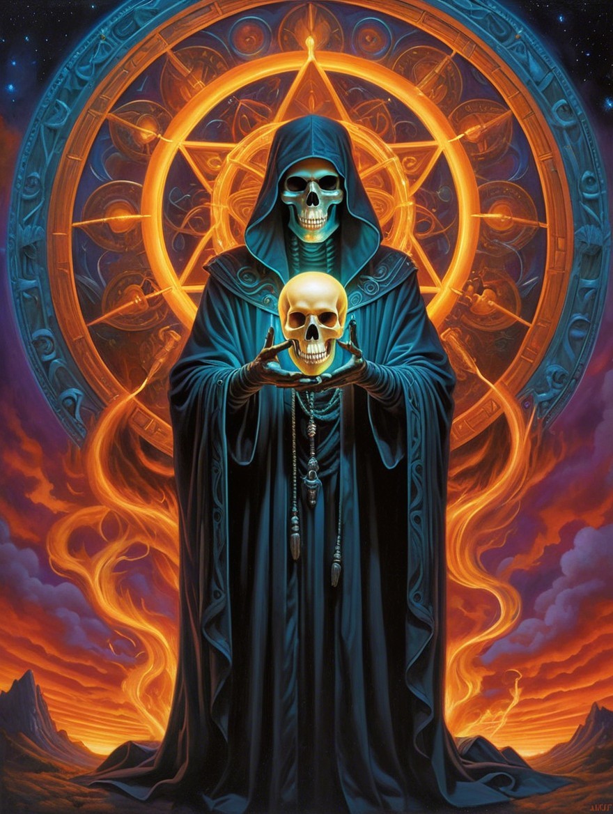 Mysterious Figure with Golden Skull in Fiery Setting