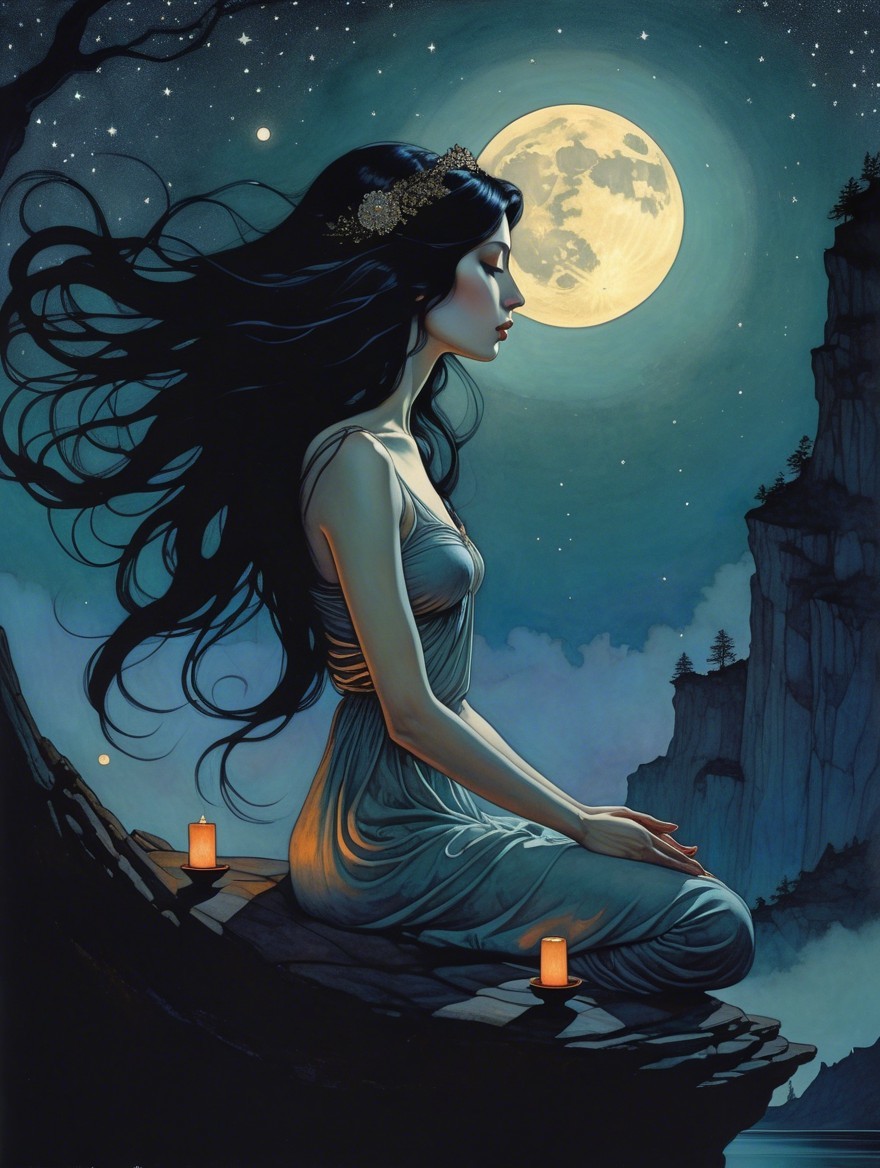 Serene figure on rocky ledge under full moonlight