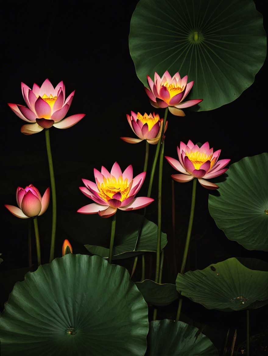 Tranquil Pond with Vibrant Pink Water Lilies and Leaves
