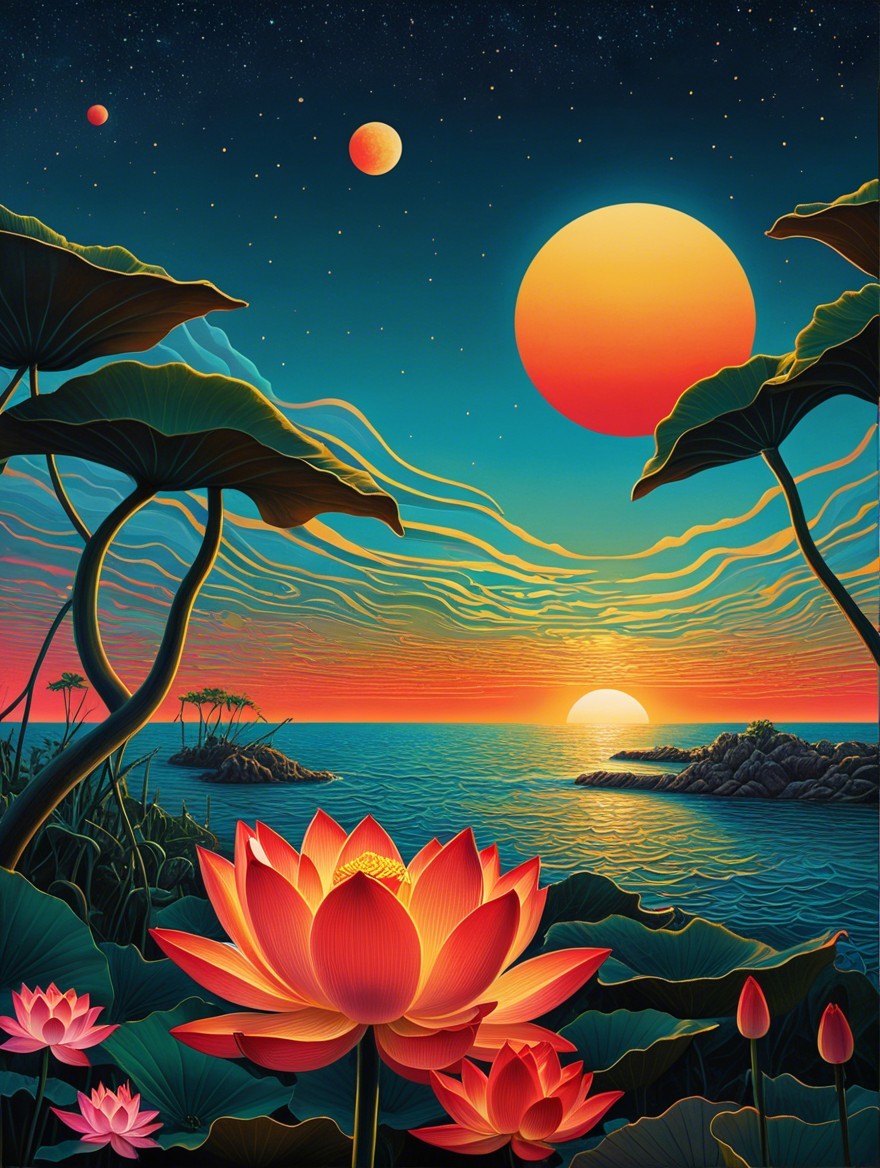 Vibrant Lotus Flowers Against Serene Sunset Seascape