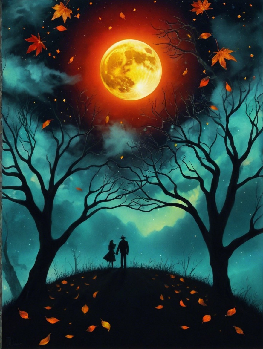 Couple Silhouetted Against Orange Full Moon at Night