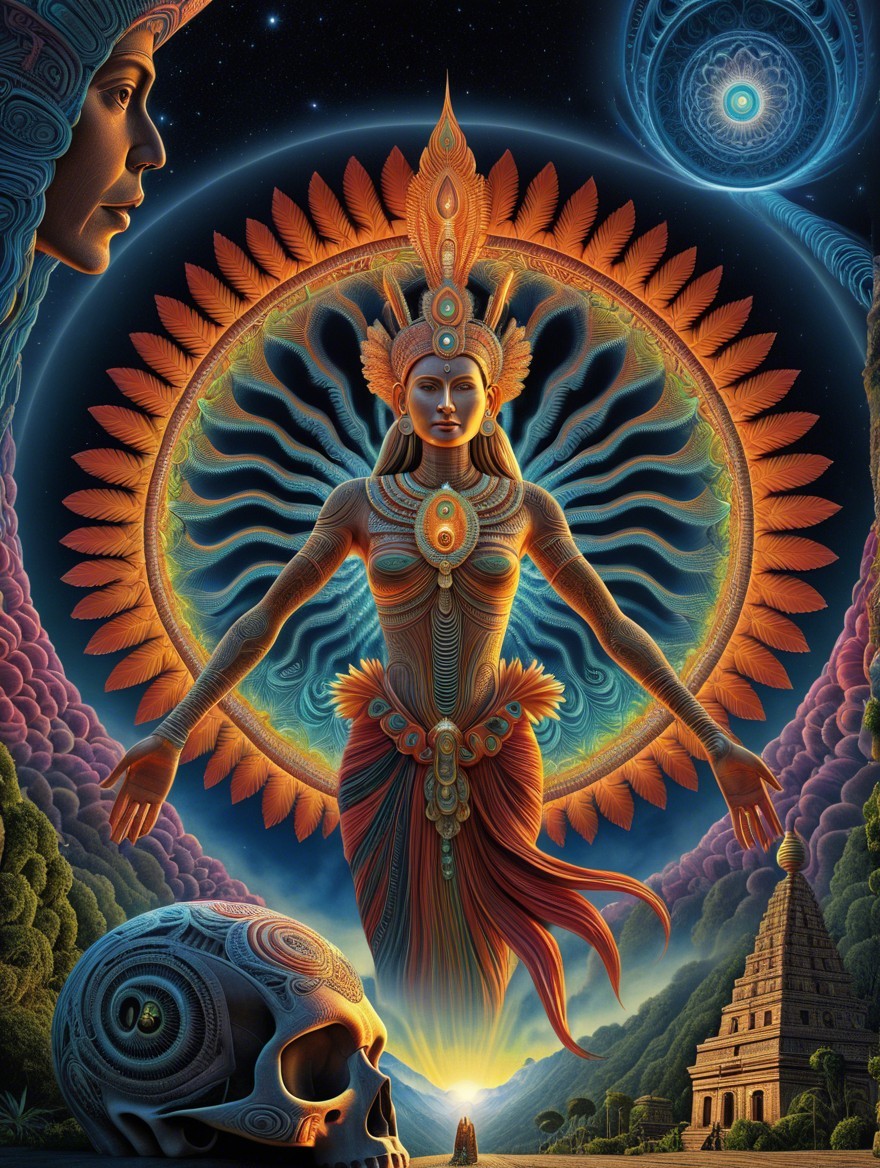 Deity with Multiple Arms in Vibrant Celestial Scene