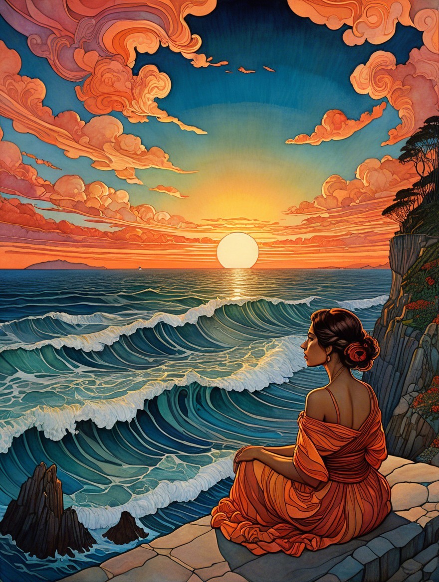 Woman in Orange Dress at Sunset Over Ocean Cliff